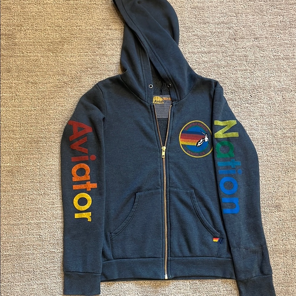 Aviator Nation Navy Hoodie with Rainbow Details